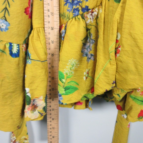 Maeve Anthropologie Yellow Floral Ruffle Wrap Mini Dress Women's Medium Boho M - Picture 9 of 15